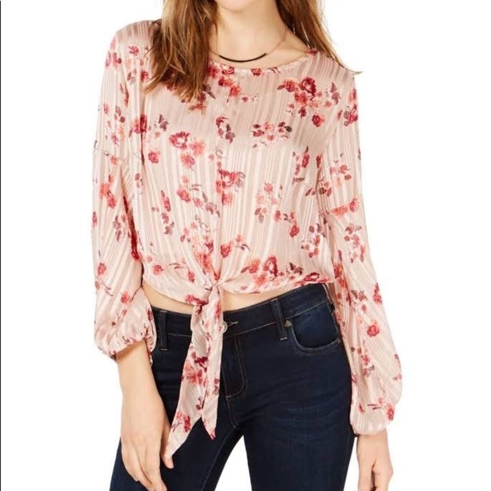 Almost Famous sheer pink floral stripe tie knot blouse